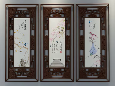 Chinese Traditional Plant Paintings In Wooden Frames With Plum Blossoms Vases And Birds 3d model