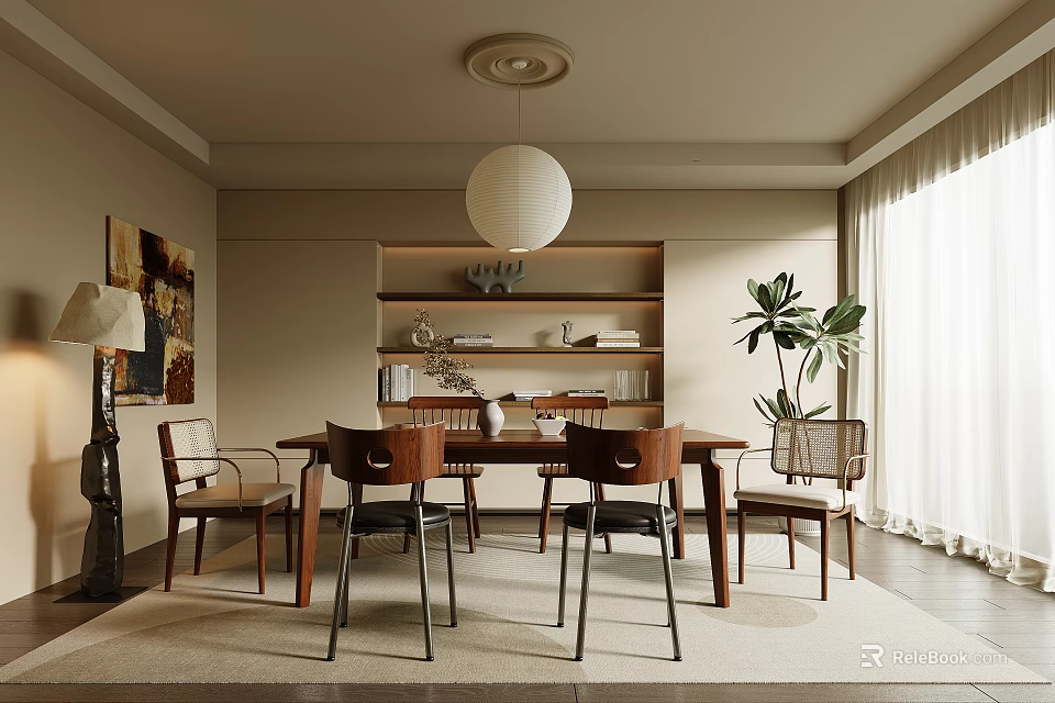 Modern Dining Room Interior Design With Table Chairs And Plants 3d model 