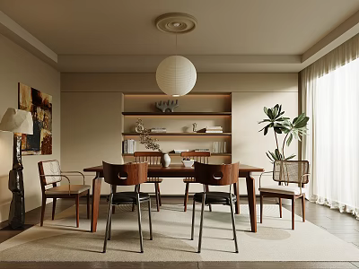 Modern Dining Room Interior Design With Table Chairs And Plants 3d model