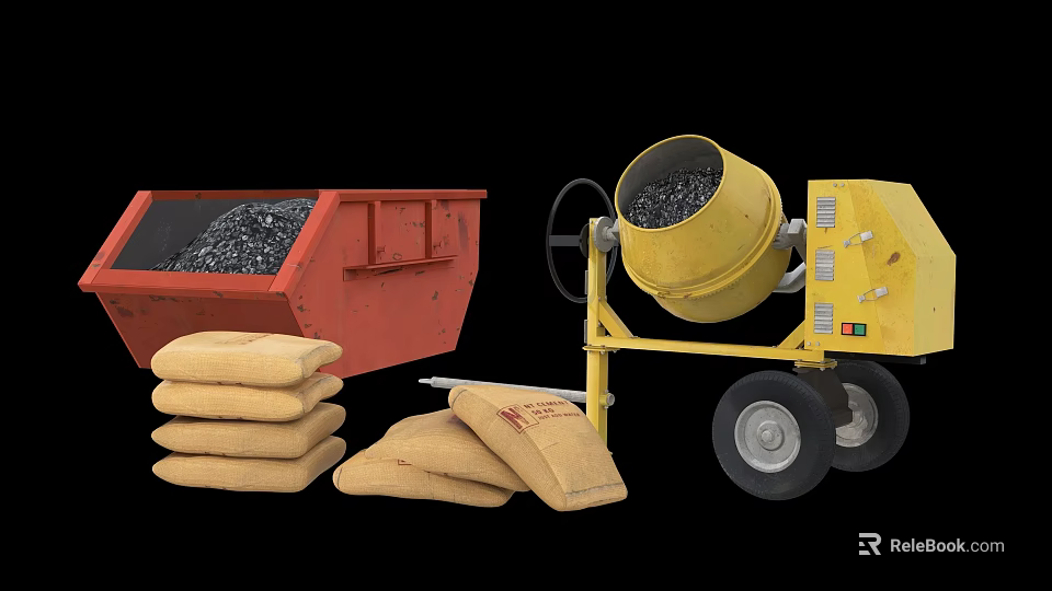 Industrial Equipment Featuring Red Dump Truck Yellow Concrete Mixer And Sand Bags 3d model 