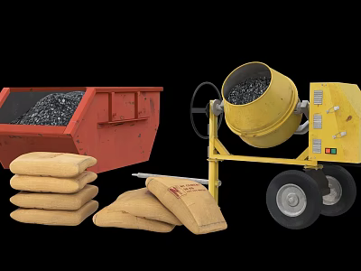 Industrial Equipment Featuring Red Dump Truck Yellow Concrete Mixer And Sand Bags 3d model