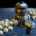 Orbiting Space Station Structure With Solar Panels And Earth Background