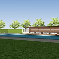 Outdoor Pergola in Backyard With Swimming Pool Wooden Deck Loungers And Trees