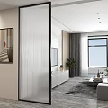 Vertical Striped Glass Room Divider In Modern Living Room With Sofa And Windows