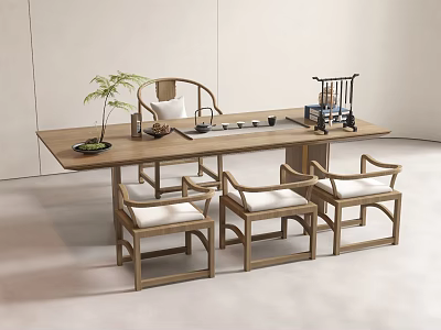Minimalist Chinese Style Wooden Tea Table and Chairs with Tea Set and Small Plant 3d model