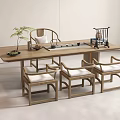 Minimalist Chinese Style Wooden Tea Table and Chairs with Tea Set and Small Plant