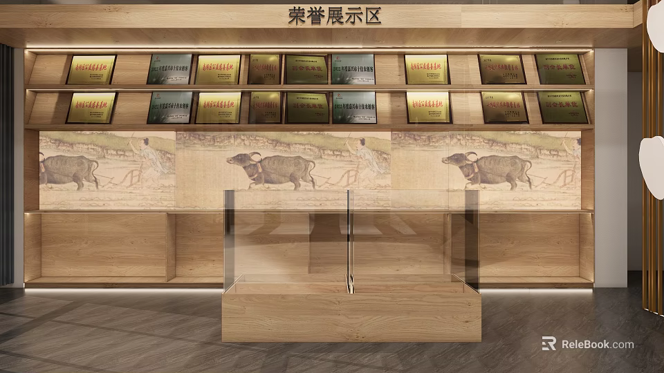 Wooden Display Shelves For Honor Medal Awards With Mural Paintings And Glass Stand 3d model 