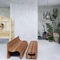 Bonsai Potted Plants In Modern Indoor Space With Gray Walls And Hanging Pendant Lights