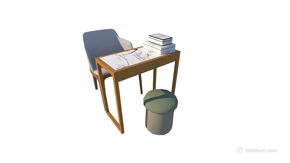Wooden Table And Gray Chair Set With Stacked Books And Blueprints And Green Round Stool 3d model 