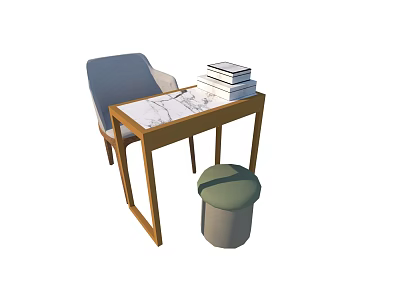 Wooden Table And Gray Chair Set With Stacked Books And Blueprints And Green Round Stool 3d model