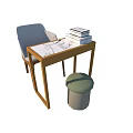 Wooden Table And Gray Chair Set With Stacked Books And Blueprints And Green Round Stool
