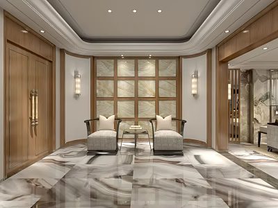 Luxurious Foyer Hallway Design Featuring Wooden Doors Marble Flooring And Decorative Wall Panels 3d model