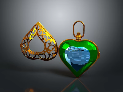 Elegant Gold Filigree Teardrop And Heart Shaped Green Gemstone Fashion Accessories 3d model