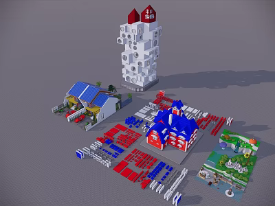 Building Blocks Creative Construction With Tower House And Scattered Pieces 3d model