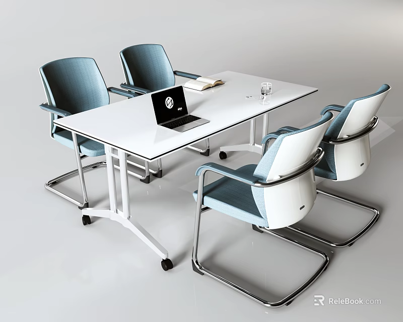 White Conference Table with Four Blue and White Chairs and Laptop Book Glass on Top 3d model 