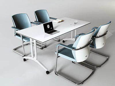 White Conference Table with Four Blue and White Chairs and Laptop Book Glass on Top 3d model