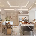 Dessert Shop With Glass Display Cases Pendant Lights White Decor Marble Floors And Bread Desserts