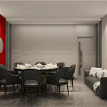 Modern Private Dining Room With Round Table Chairs Sofa And Red Wall Decorations 3d model