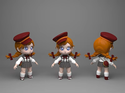 Woman 3D Character With Red Hair Pigtails Red Hat And Gray Uniform Skirt Multiple Views 3d model