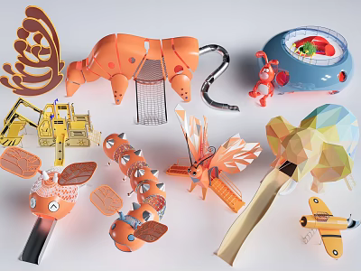 Colorful Assorted Playground Equipment with Butterfly Shaped Orange Pig Yellow Excavator Dragonfly Toys and Airplane 3d model