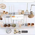 Vintage Agricultural Tools Display With Wheel Forks Hoes And Clay Pots On Exhibition Shelf