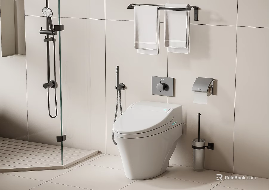 Modern Smart Toilet in Bathroom Interior with Towel Rack Toilet Paper Holder and Glass Shower 3d model 