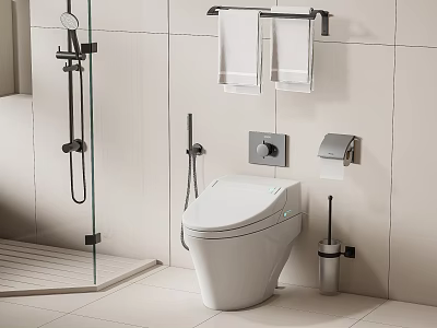 Modern Smart Toilet in Bathroom Interior with Towel Rack Toilet Paper Holder and Glass Shower 3d model