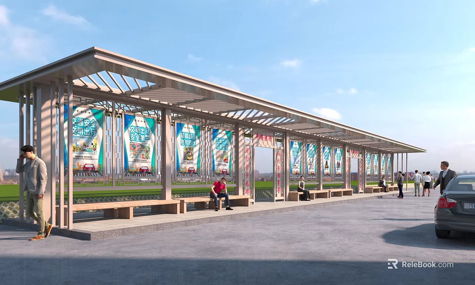 Scenic Garden Landscape With Wooden Pavilion Canopy Benches And People Resting 3d model 