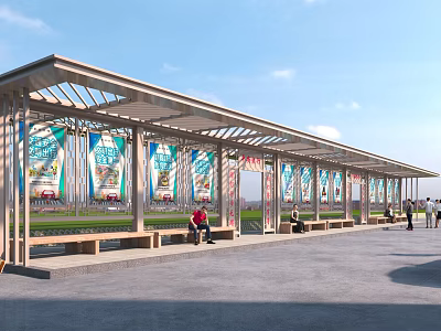 Scenic Garden Landscape With Wooden Pavilion Canopy Benches And People Resting 3d model