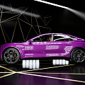 Purple Modern Sports Car in Display Setting with Geometric Lines and Spotlight