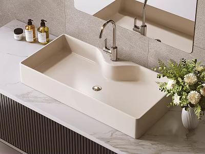 Modern Beige Bathroom Basin With Marble Countertop Faucet Vase And Toiletries 3d model