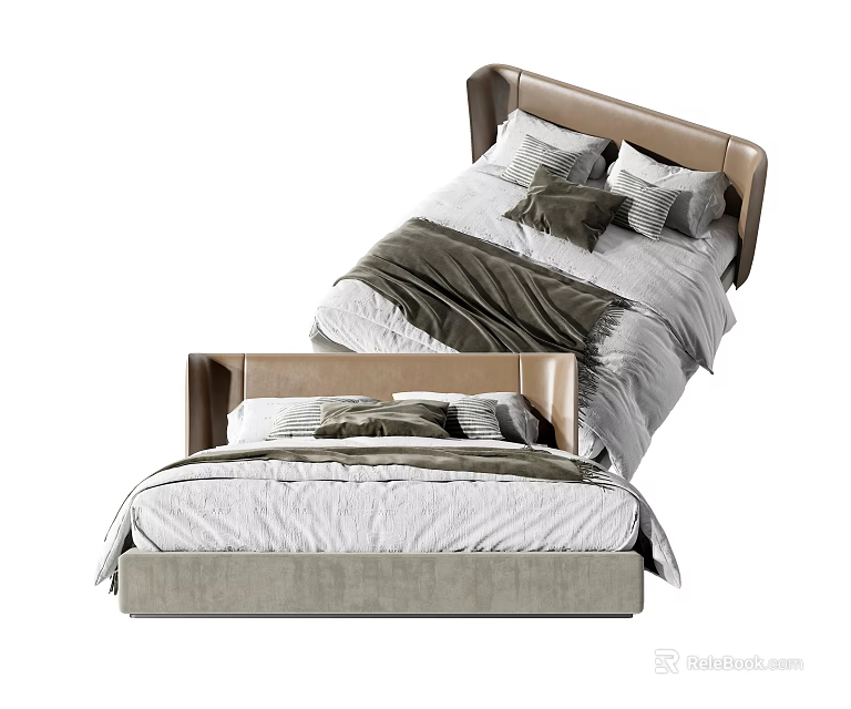 Modern Tan Upholstered Double Bed Frame With Gray And White Bedspread And Pillows 3d model