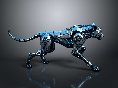 Mechanical Leopard With Silver Metallic Texture Blue Accents And Walking Stance 3d model