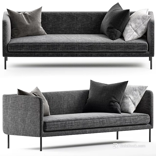 Modern Gray Fabric Sectional Sofa With Decorative Pillows And Metal Legs 3d model 