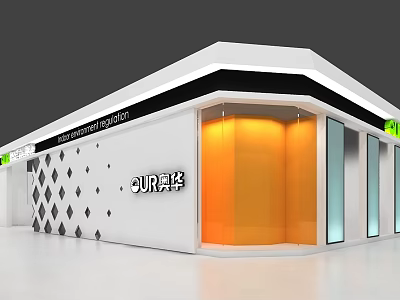 Shopping Mall Store Exterior White Building Black Lines Diamond Pattern Wall Orange Glass Green Sign 3d model