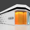 Shopping Mall Store Exterior White Building Black Lines Diamond Pattern Wall Orange Glass Green Sign