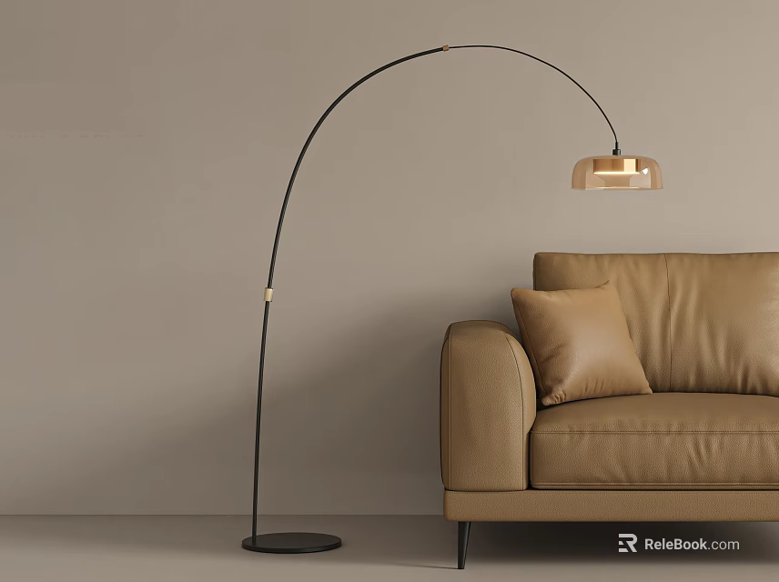 Modern Arc Floor Lamp With Glass Shade And Leather Sofa In Neutral Living Room 3d model 