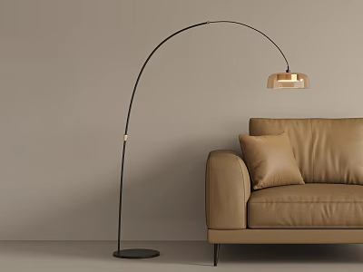 Modern Arc Floor Lamp With Glass Shade And Leather Sofa In Neutral Living Room 3d model