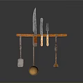Kitchen Utensils Set Hanging On Wooden Rack With Knife Fork Spoon And Spatula