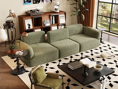 Cozy Living Room With Green Corduroy Sofa Black Coffee Table Wooden Bookshelf And Geometric Rug 3d model