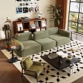Cozy Living Room With Green Corduroy Sofa Black Coffee Table Wooden Bookshelf And Geometric Rug