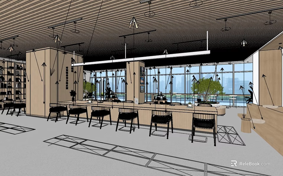Open Public Office Space With Large Glass Windows Ample Natural Light And Workstations 3d model 