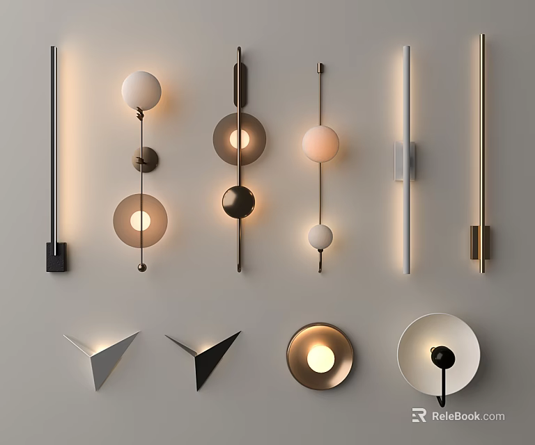 Modern Wall Lamps With Various Designs In Metallic And Neutral Tones Mounted On Wall 3d model 