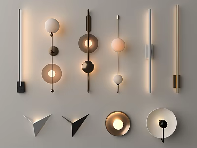 Modern Wall Lamps With Various Designs In Metallic And Neutral Tones Mounted On Wall 3d model