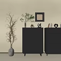Poliform Dark Console Cabinet And Side Cabinet With Decorations Green Plant And Painting
