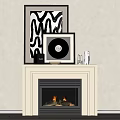 White Fireplace In Living Room With Framed Vinyl Record And Decorative Mantel Items