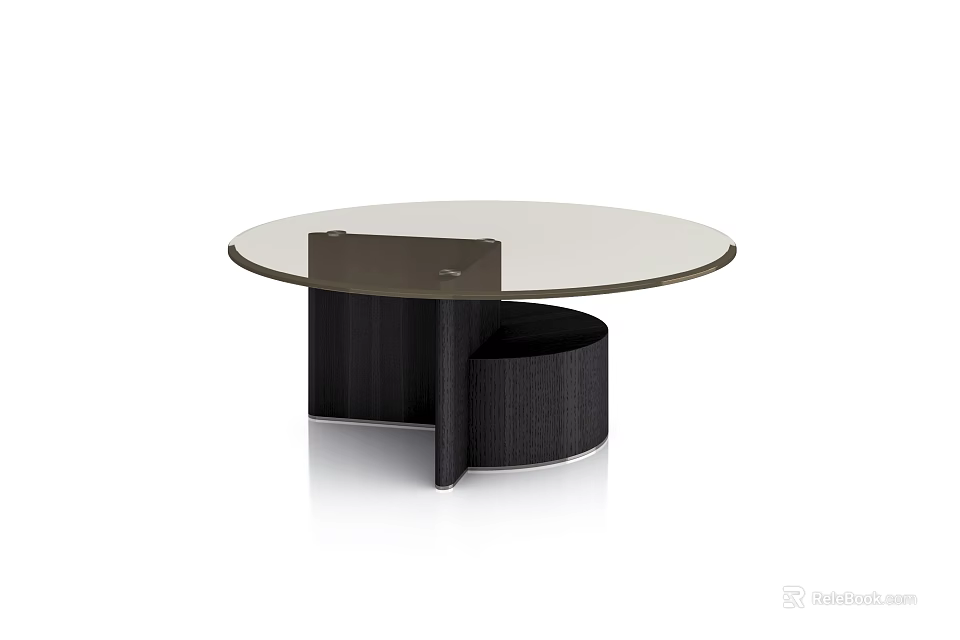 Round Glass Coffee Table With Modern Black Wooden Base Design 3d model