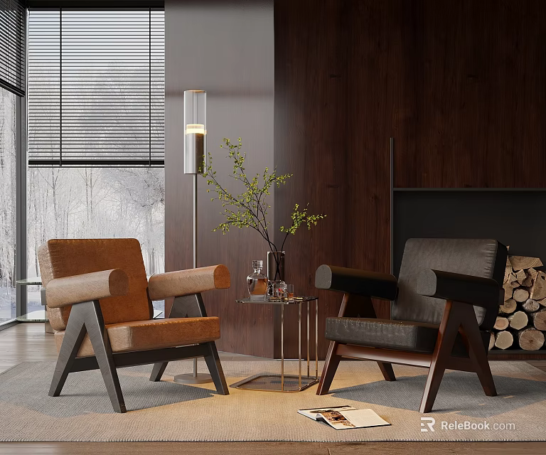 Casual Sofa Set With Brown Gray Armchairs Wooden Frames Small Coffee Table And Green Plant 3d model 