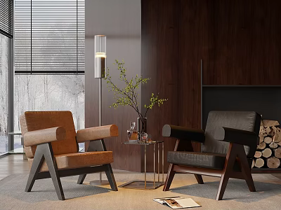 Casual Sofa Set With Brown Gray Armchairs Wooden Frames Small Coffee Table And Green Plant 3d model