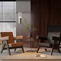 Casual Sofa Set With Brown Gray Armchairs Wooden Frames Small Coffee Table And Green Plant